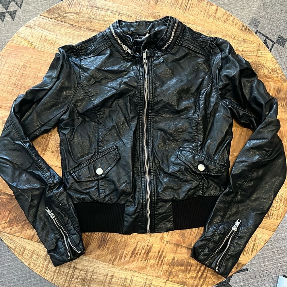 H & M Faux Leather Cropped Bomber Jacket